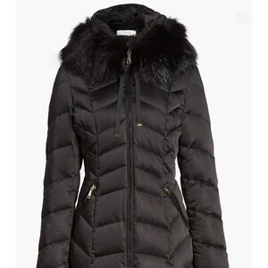 Tahari Gwen Faux Fur Trim Quilted Puffer Down Coat Black - size L